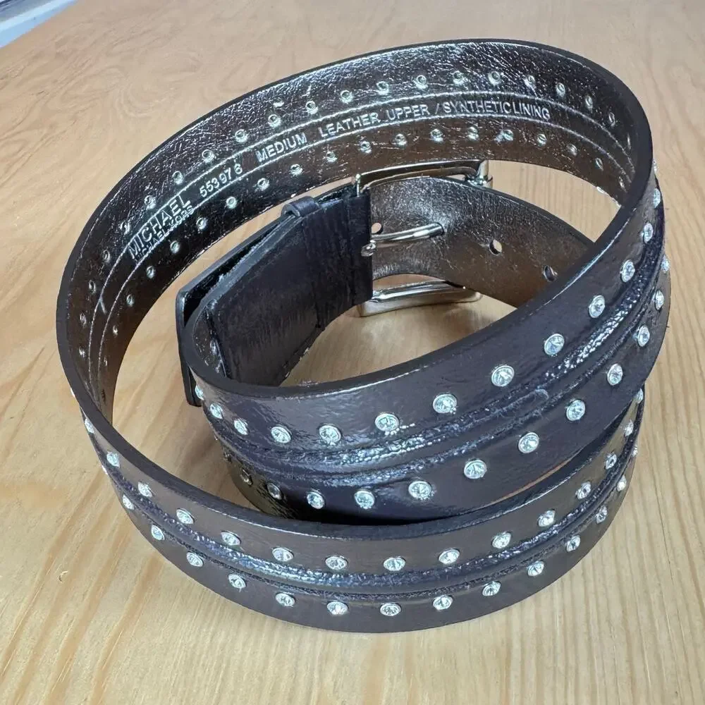Michael Kors Womens Belt Brown Patent Leather Studded Rhinestones Glam Y2K M 90s